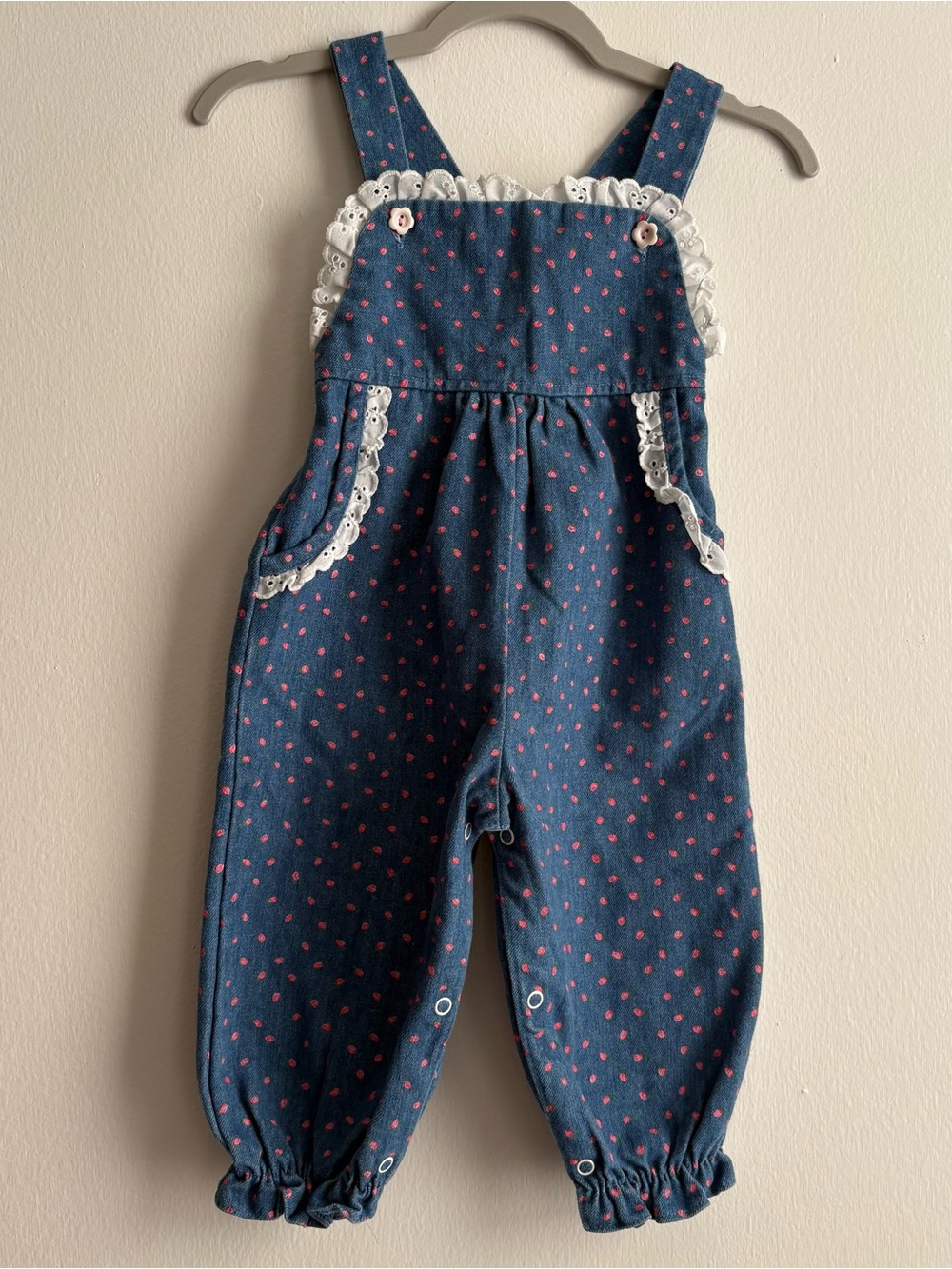 Vintage Tiny Tots Original Baby Girls Denim Floral Overalls with Lace Trim 18m